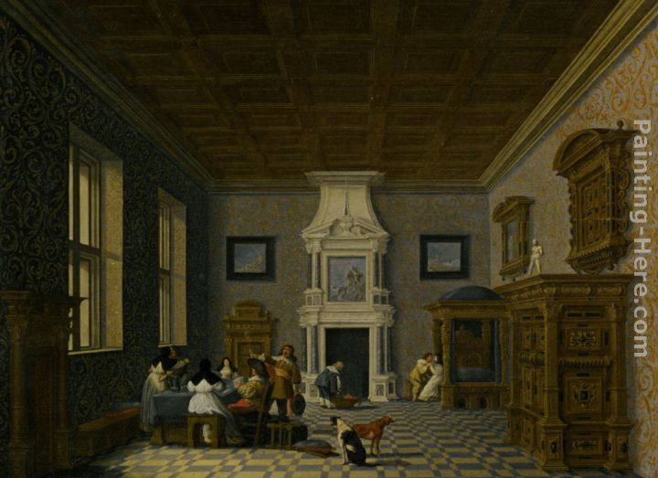 A Palace Interior with Cavaliers Cavorting with Nuns painting - Dirck van Delen A Palace Interior with Cavaliers Cavorting with Nuns art painting